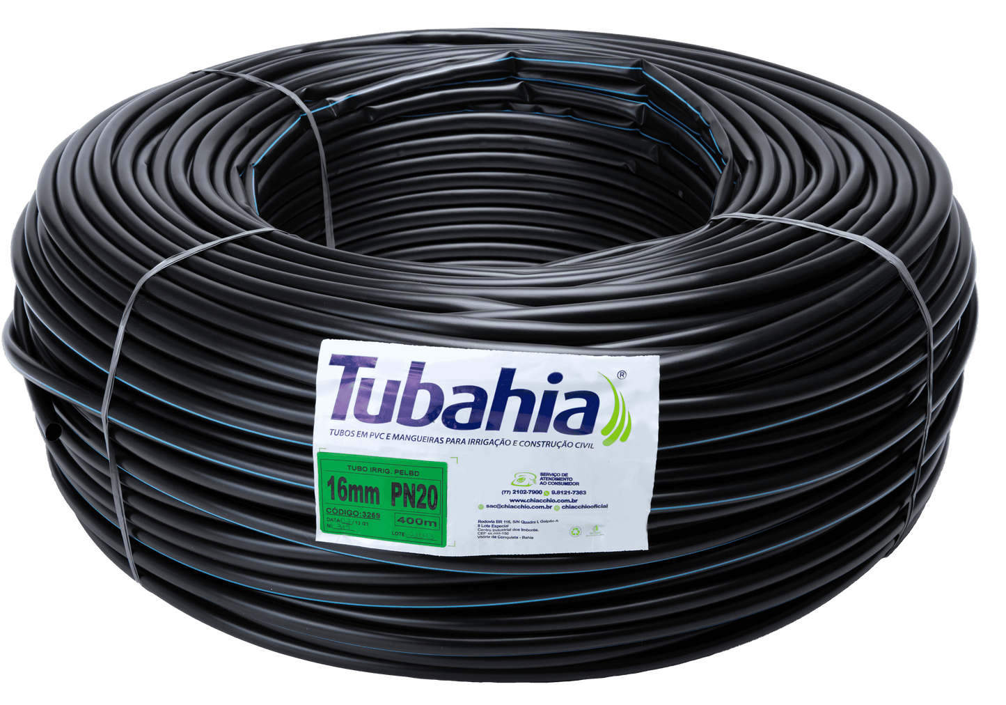 Tubo Irrigação PELBD 16mm PN20 Rolo 400m Tubahia — Linha Lateral para Gotejamento