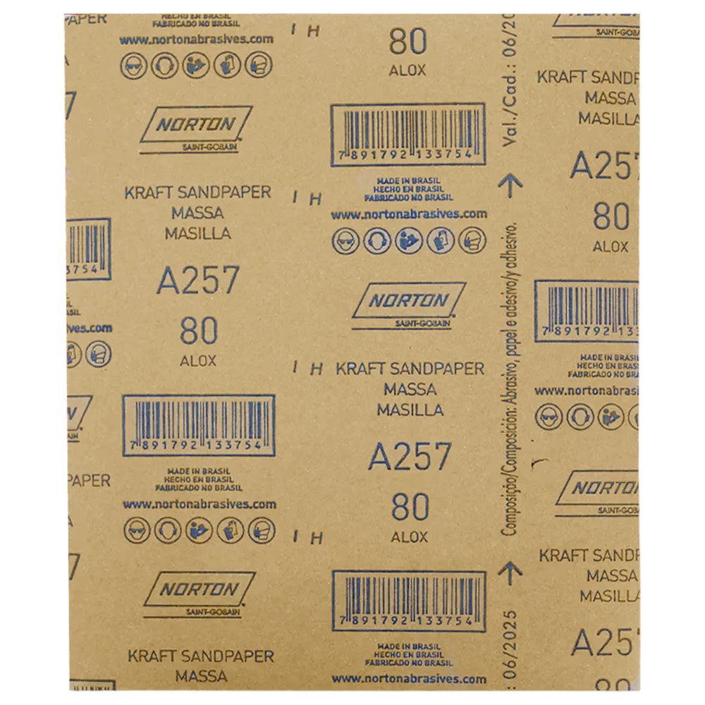 Lixa Massa/Madeira Grão 80 Norton A257 — Pacote 50 Folhas